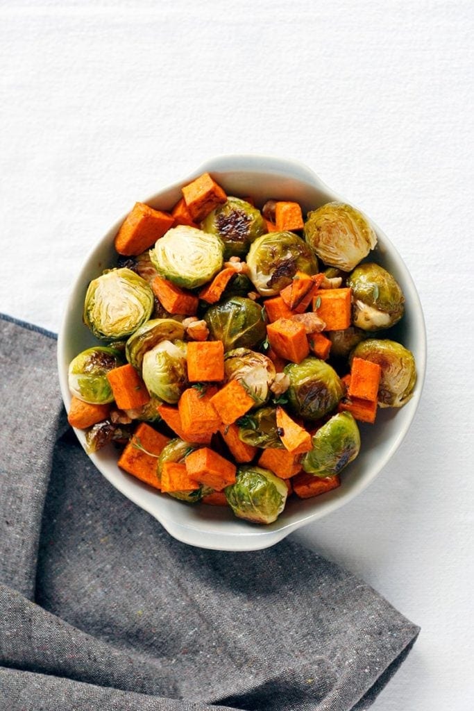 Maple Roasted Sweet Potatoes and Brussels Sprouts