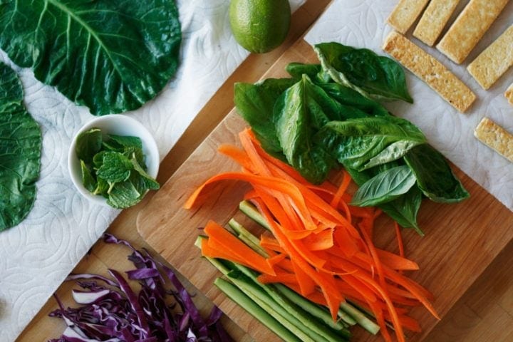 Asian Collard Wraps with Peanut Sauce Prep