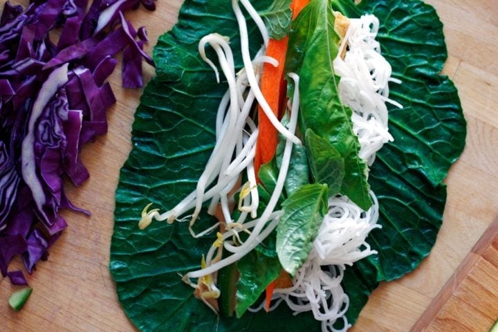 Asian Collard Wraps with Peanut Sauce Prep