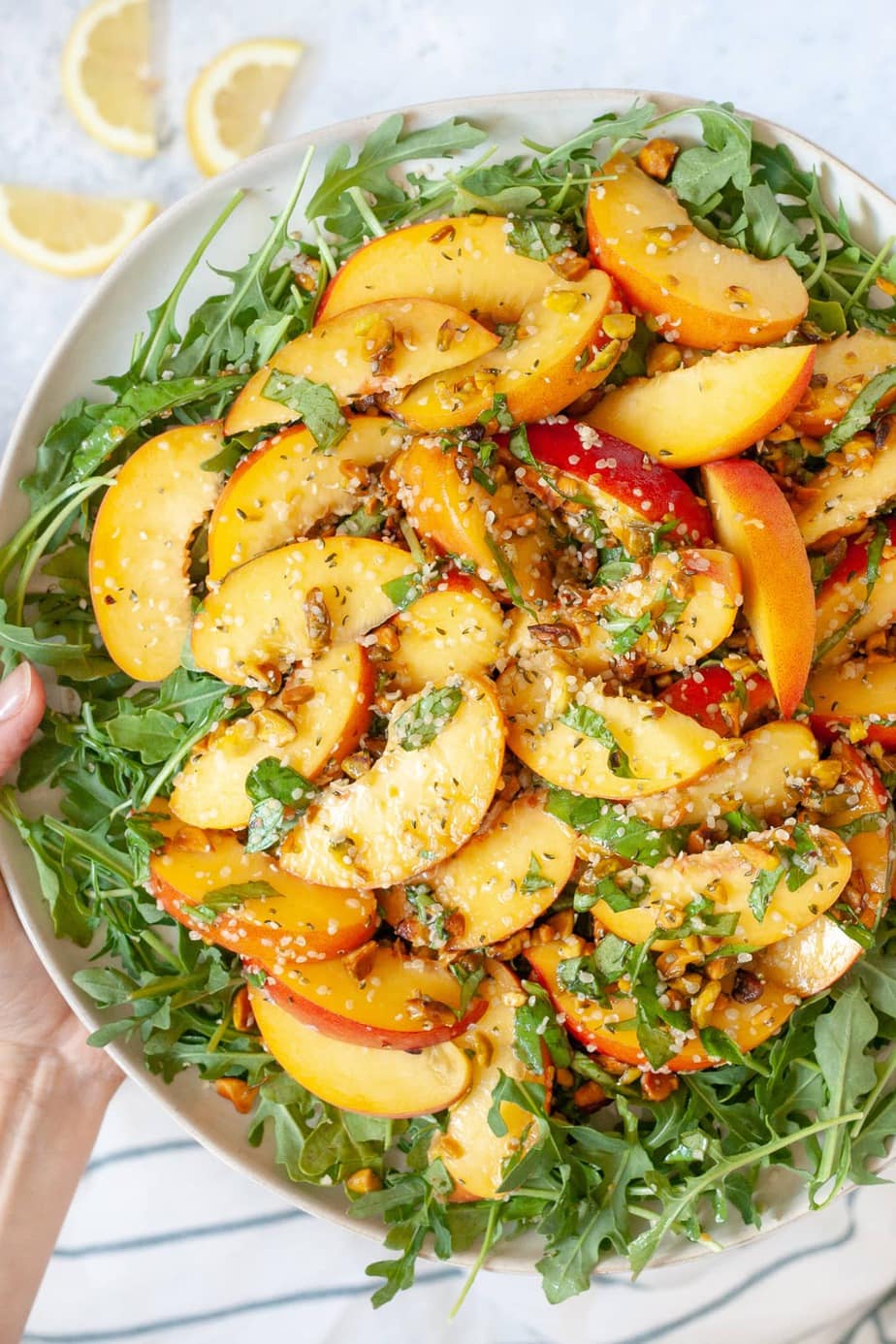 summer peach salad with pistachios