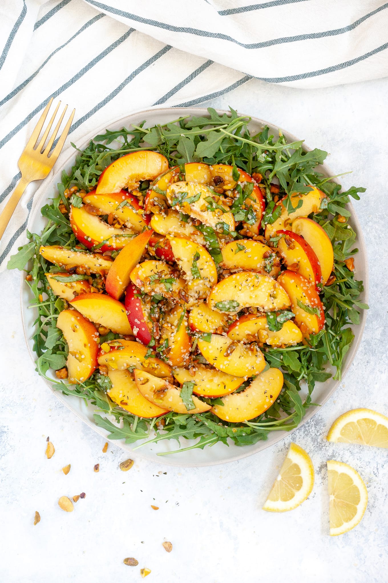 summer peach salad with pistachios