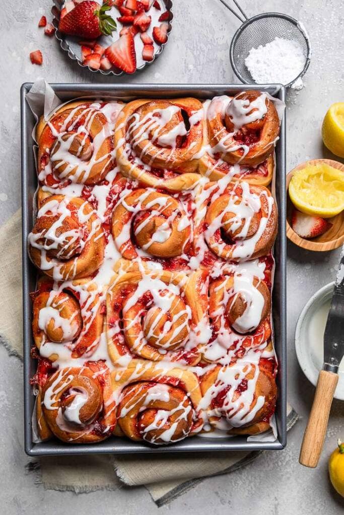 Vegan Strawberry Cinnamon Rolls from Make It Dairy-Free - Vegan Strawberry Dessert Recipes