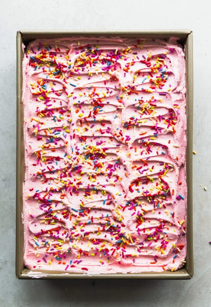 Strawberry Vegan Funfetti Sheet Cake from Big Box Vegan 